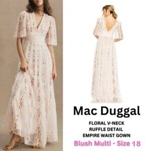 NWT Mac Duggal Floral V-Neck Ruffle Detail Empire Waist Gown Blush Multi Size 18